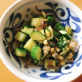 冷奴やご飯にかけて美味しいきゅうりと薬味の醤油漬け